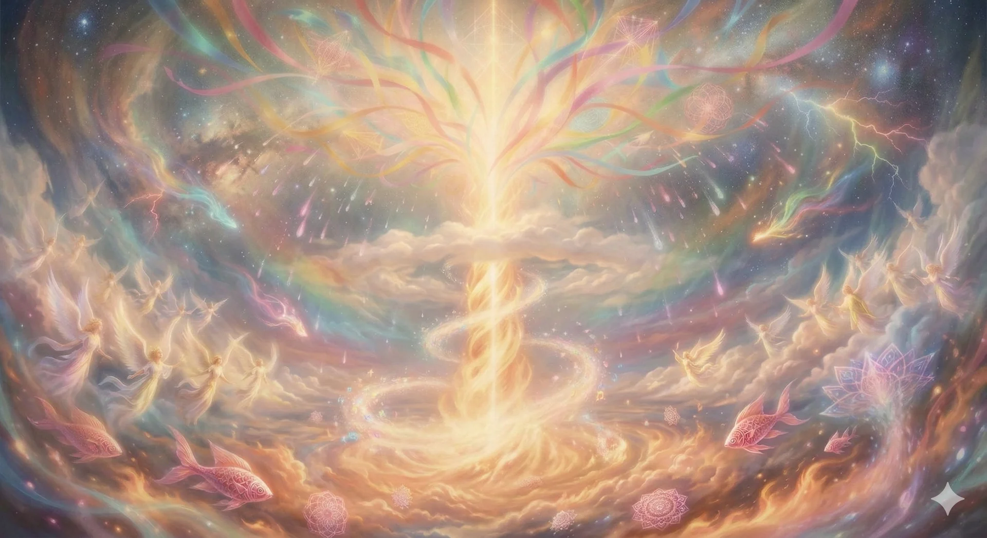 虹辉天枢：金焰自云心贯升，彩带如潮环绕星穹；鱼影与羽光在旋涡间游弋，雾金、靛紫、霓霞层层交叠，宛如秘仪苏醒。